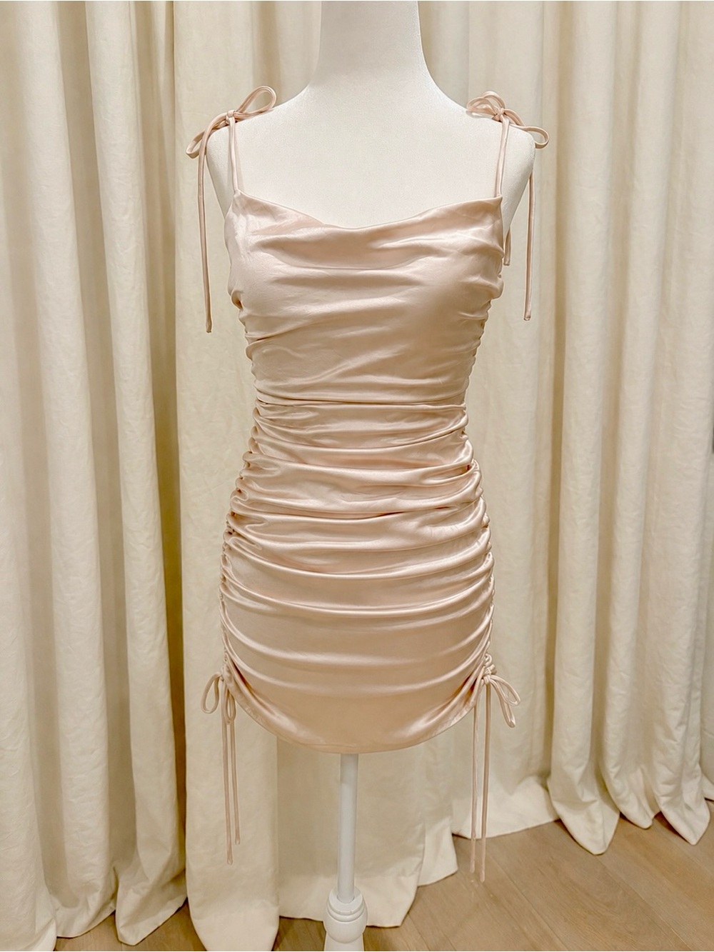Hello Molly Champagne Satin Ruched Tie-Shoulder Mini Dress